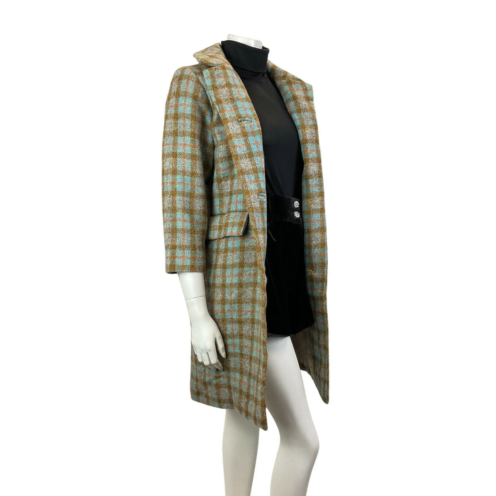 VINTAGE 60s 70s BLUE BROWN GREY TARTAN PLAID CHECKED MOD BOX WOOL COAT 12 14