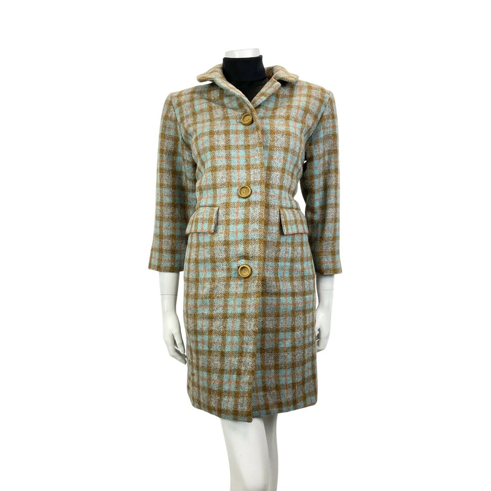 VINTAGE 60s 70s BLUE BROWN GREY TARTAN PLAID CHECKED MOD BOX WOOL COAT 12 14