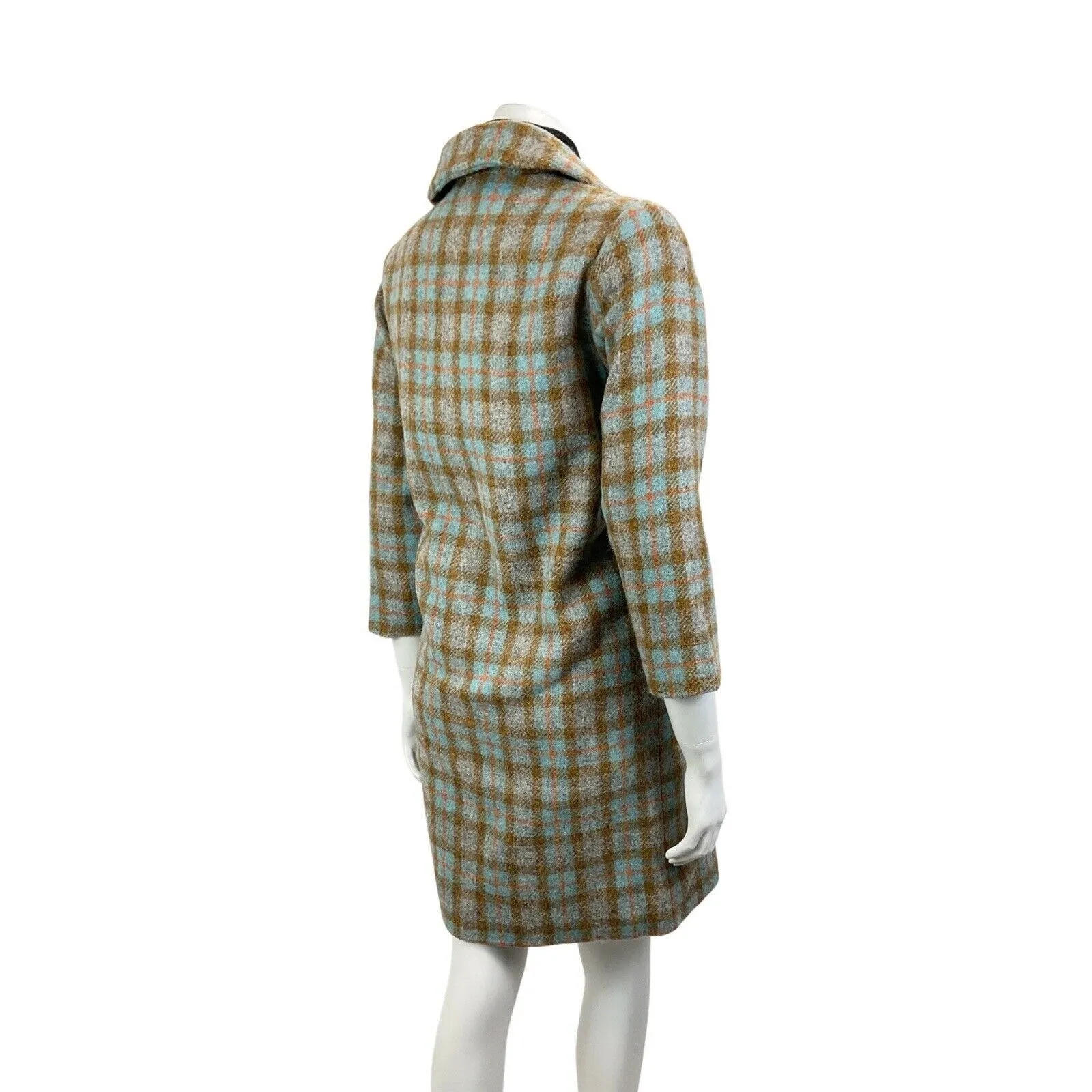 VINTAGE 60s 70s BLUE BROWN GREY TARTAN PLAID CHECKED MOD BOX WOOL COAT 12 14