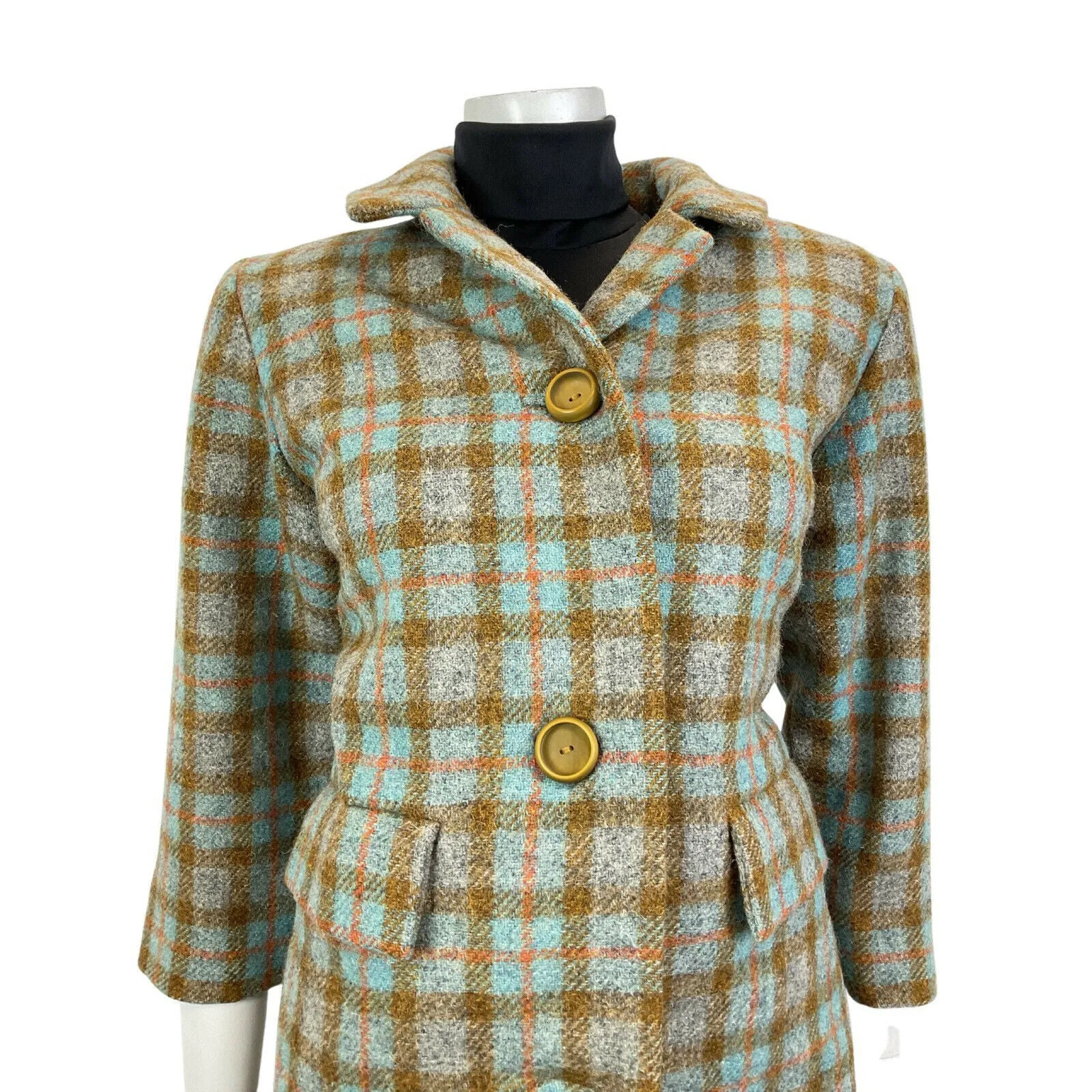 VINTAGE 60s 70s BLUE BROWN GREY TARTAN PLAID CHECKED MOD BOX WOOL COAT 12 14